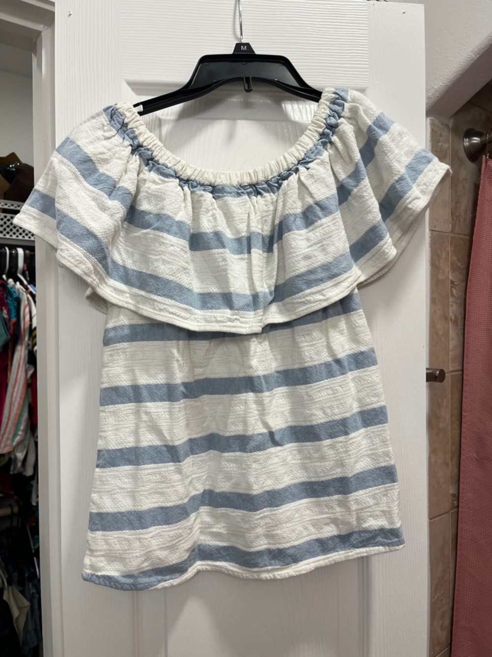Cato Blue & White Striped Off-Shoulder Ruffle Top